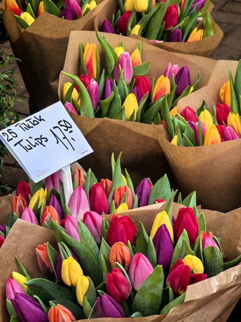 Multiple bouquets of fresh tulips with vibrant pink, purple, yellow, and orange petals, wrapped in brown kraft paper, arranged in a display at a flower shop. The tulips have smooth, elongated petals a